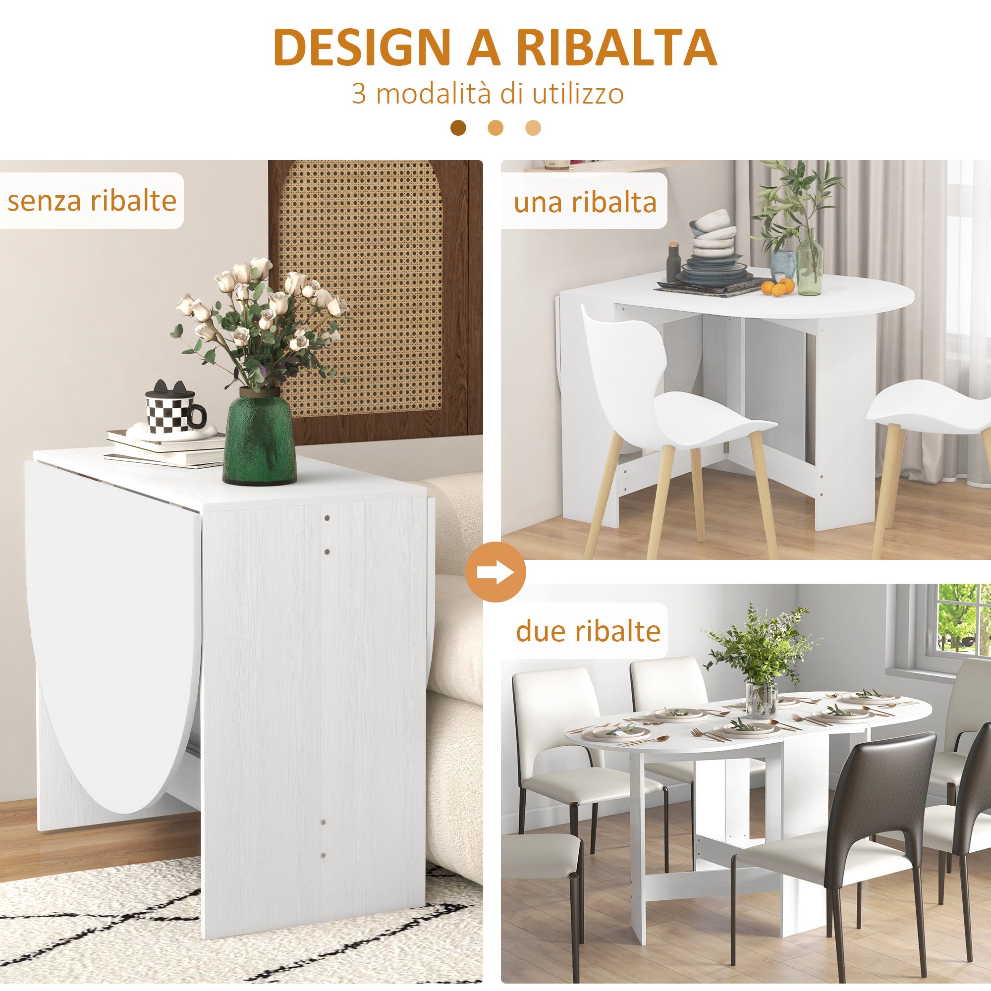 Tavolo Pieghevole da Pranzo 163x80x75 cm con 2 Ribalte Ovale in Legno Bianco