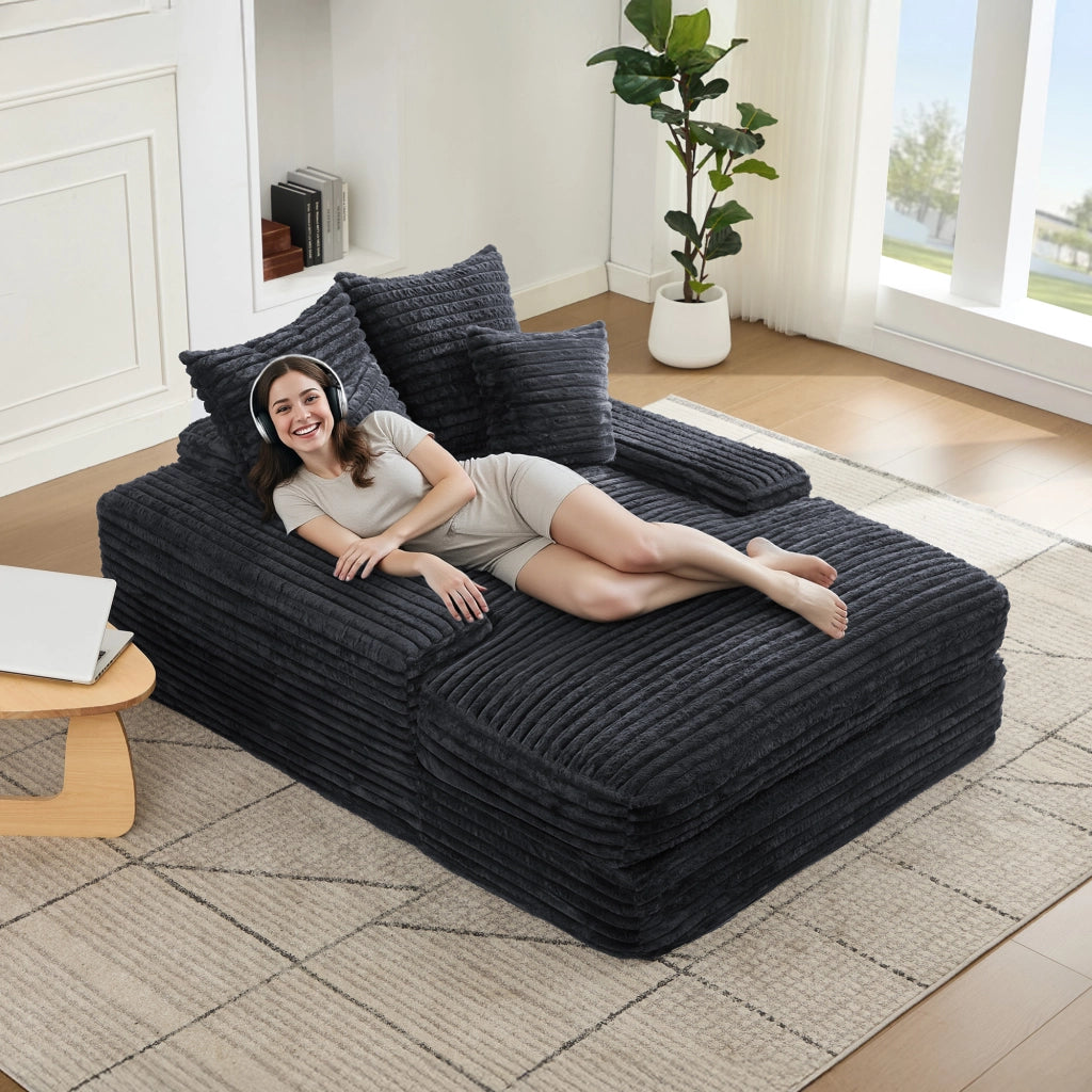 CHAISE LONGUE 165x135x58 cm in velluto a coste grigio, senza montaggio