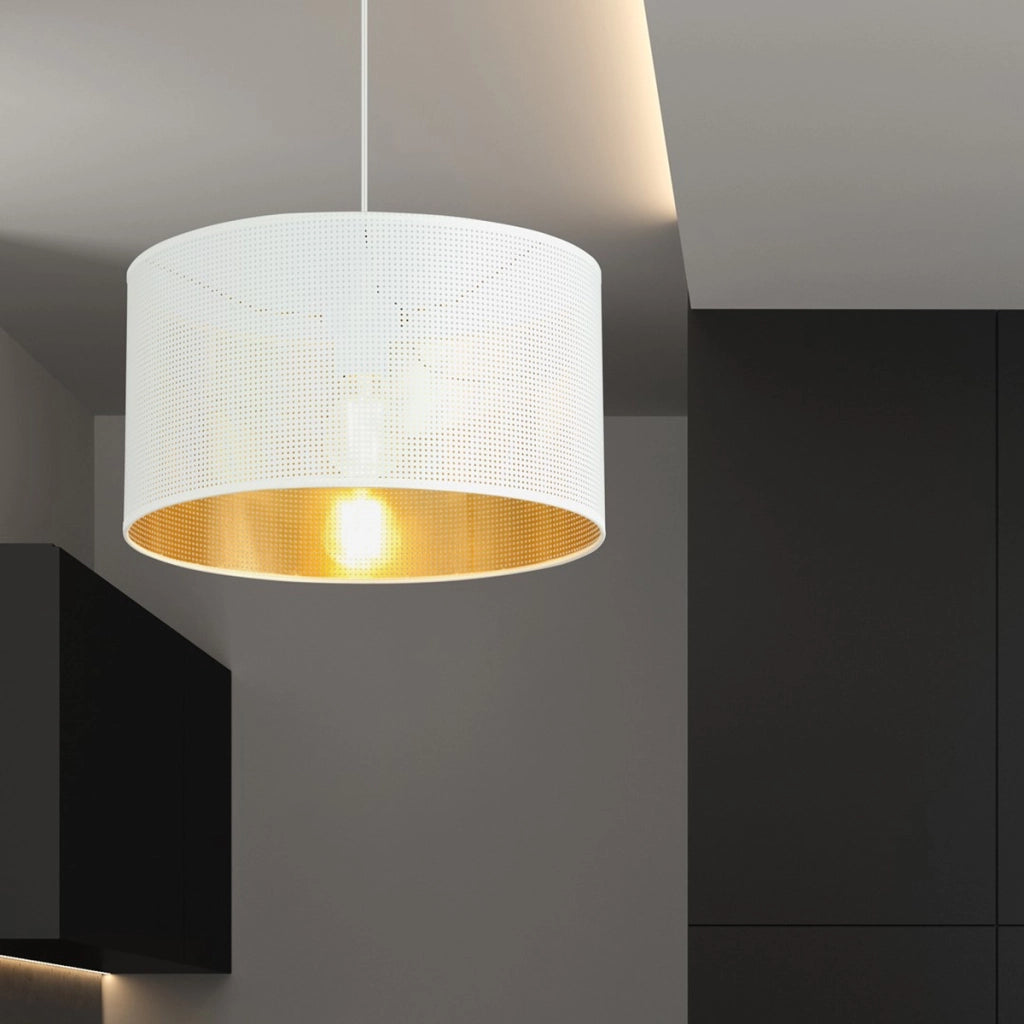 Lampada a sospensione Aston in acciaio bianco con interno dorato