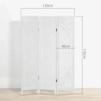 Separé Paravento da Interni Pieghevole a 3 Pannelli in Legno Intagliato, 120x170cm, Bianco