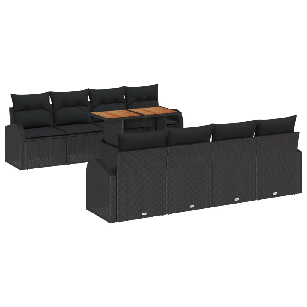 Set Pranzo Giardino 9 Pezzi con Cuscini Nero Polyrattan Acacia