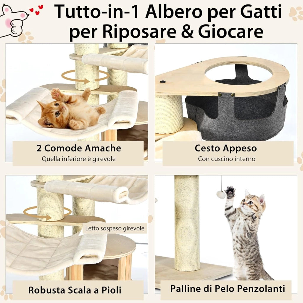 Albero per Gatti 197 CM, Tiragraffi per Gatti a Più Livelli con Nicchia in Legno, Trespolo Superiore, Amache, Cestello Sospeso, Tiragraffi con Pali in Sisal e Palline