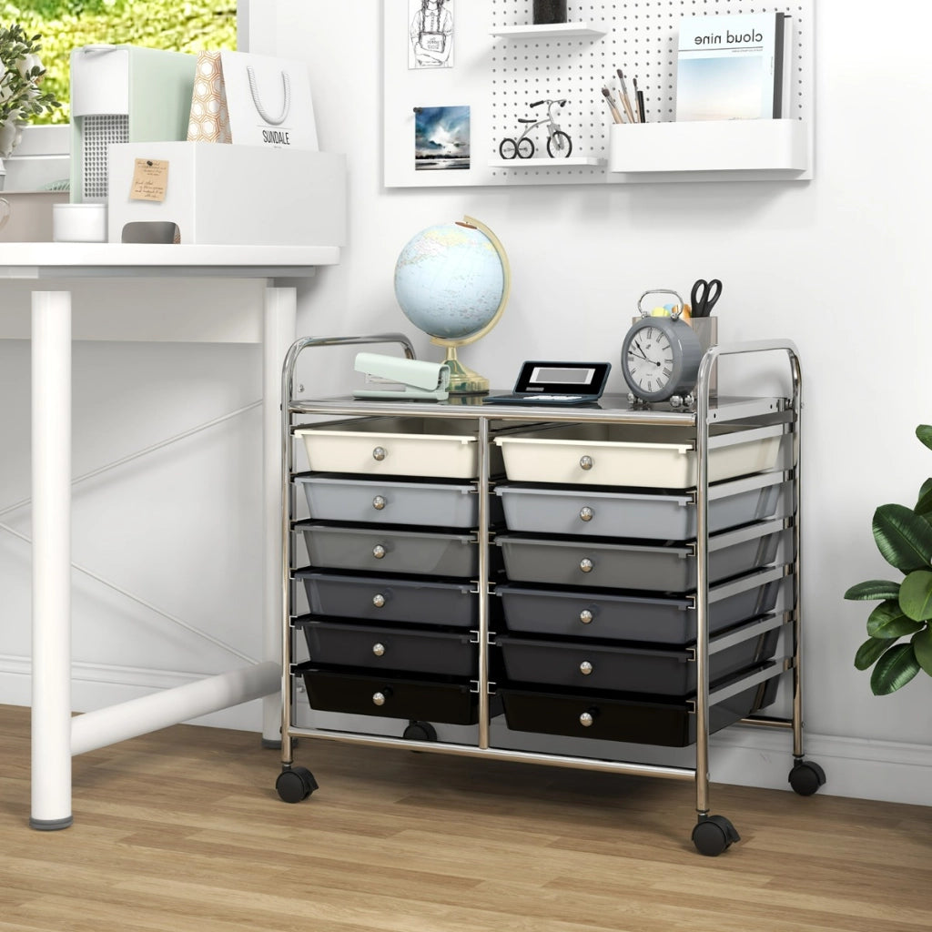Carrello portaoggetti con 12 cassetti e ampio piano di lavoro, Cassettiera con 4 ruote per soggiorno e cucina Grigio Sfumato-Carrelli