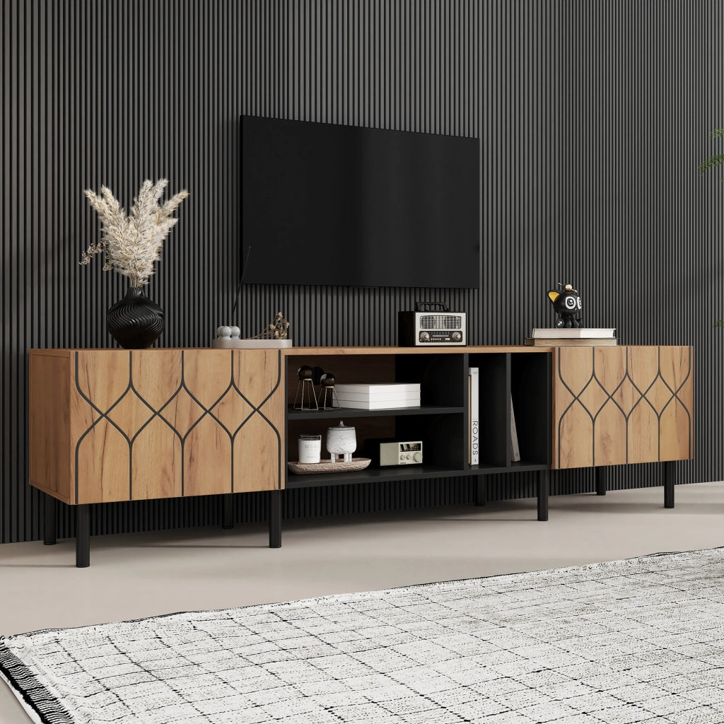 Mobile TV basso con 2 ante push-to-open, 4 vani a giorno, 180x40x50 cm, nero e legno naturale, per TV fino a 70''