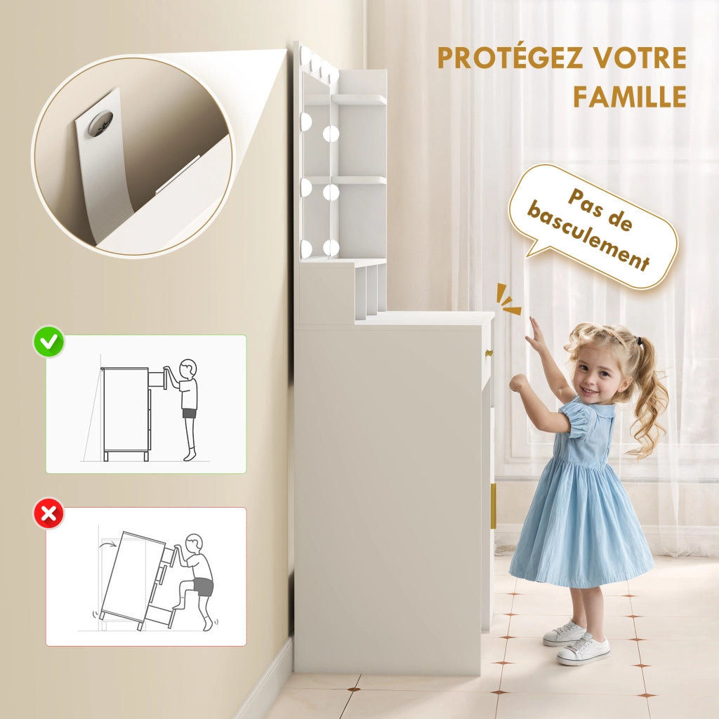 Toeletta con specchio e 10 luci LED ¨C Xylo ¨C Cassetto, anta, ripiani, 80x40x135cm, bianco