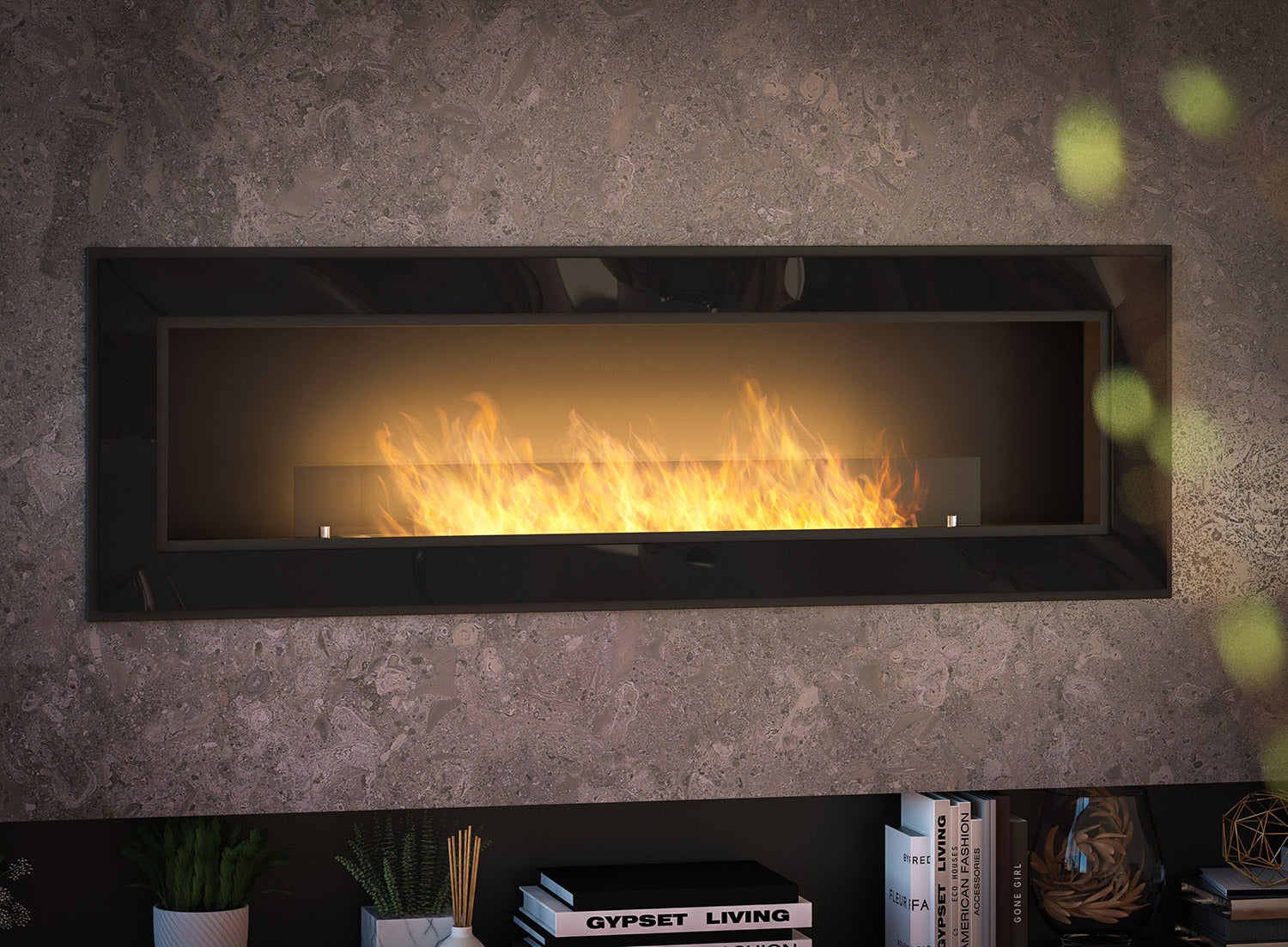 Camino a Bioetanolo da Parete/Incasso 150x49 cm Frame 1500 Nero con Vetro