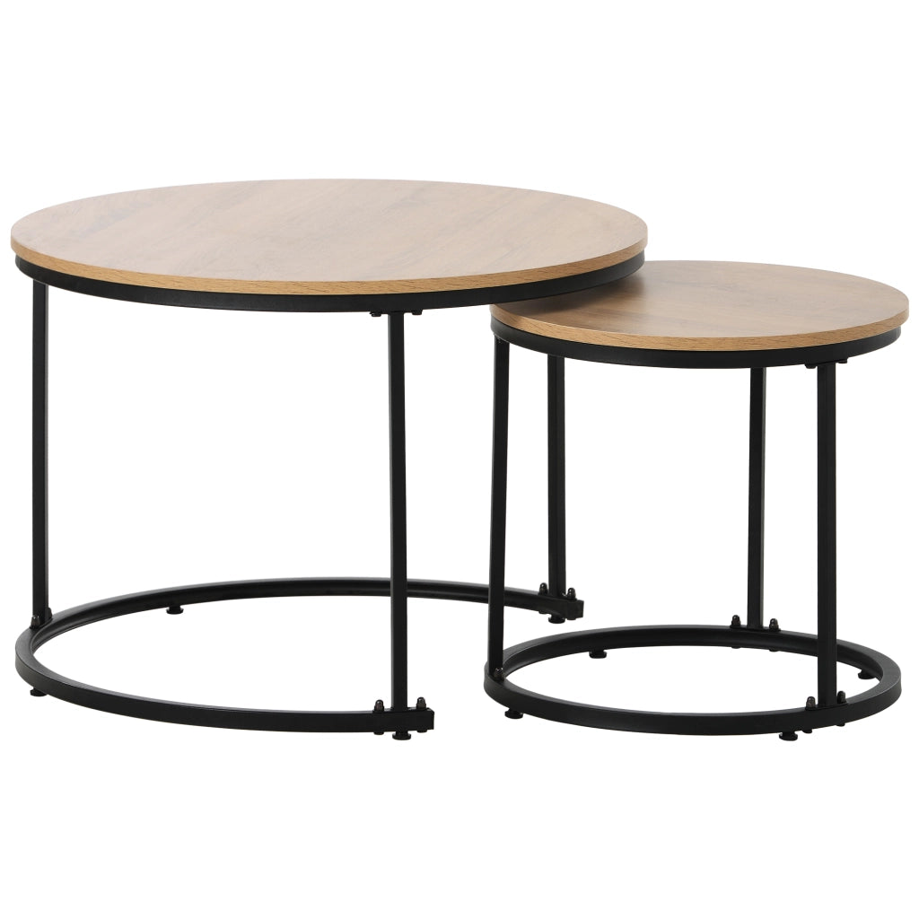 Tavolini da Salotto Rotondi Impilabili con 2 Piani; Struttura in Metallo; MDF; Finitura Rovere