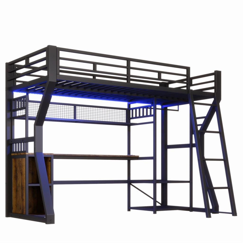 Letto a soppalco 90x200 cm con scrivania, luce regolabile e presa in metallo nero