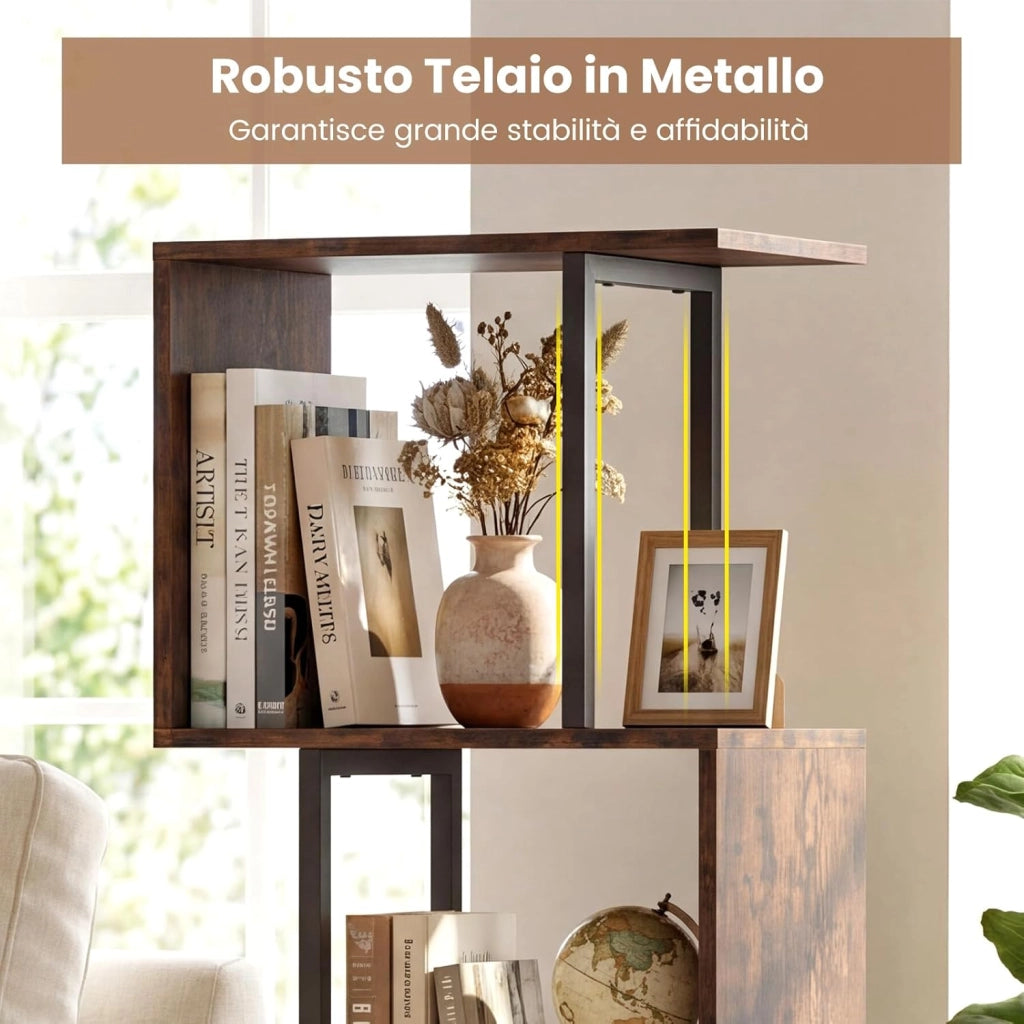 Libreria Scaffale, Librerie Verticali da Terra a 6 Ripiani Aperti, Scaffale Alto Industriale a S e Albero, 39,5 x 25 x 122 cm, per Soggiorno, Ufficio e Camera da Letto