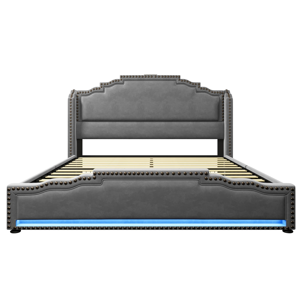 Letto matrimoniale 140x200 cm in velluto grigio con 4 cassetti; LED; USB/Type-C e materasso