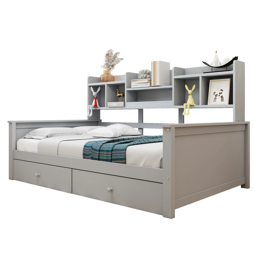 Divano letto multifunzionale 90x200 cm in legno massiccio grigio con cassetti e vani contenitore