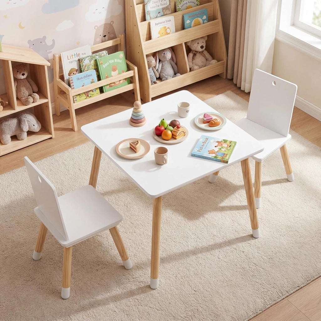 Set Tavolo e 2 Sedie per Bambini, con Gambe in Legno di Pino, Set Tavolo Attività, Mobili di Legno per Giocare Imparare Mangiare, Bianco
