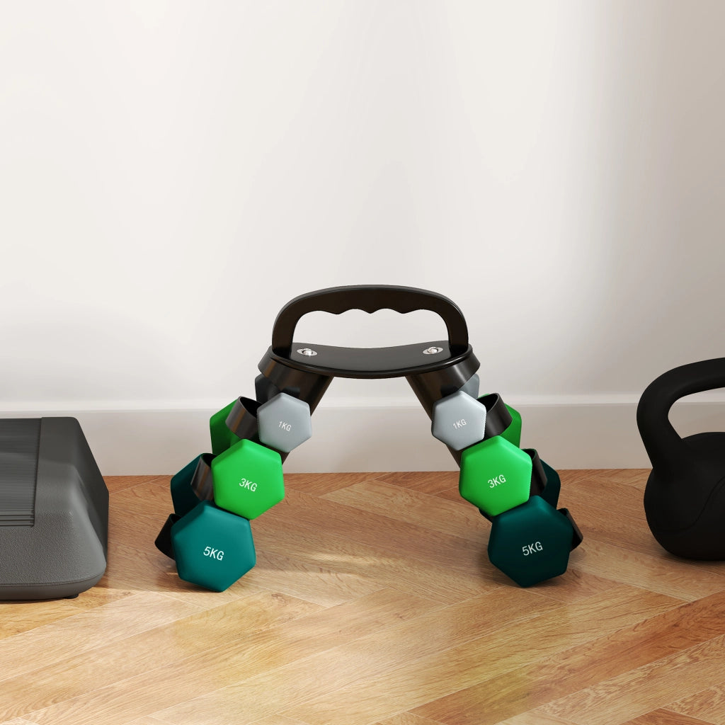 Set 6 Pesi Manubri con Supporto Coppie da 1-3-5 Kg in Metallo Verde e Nero