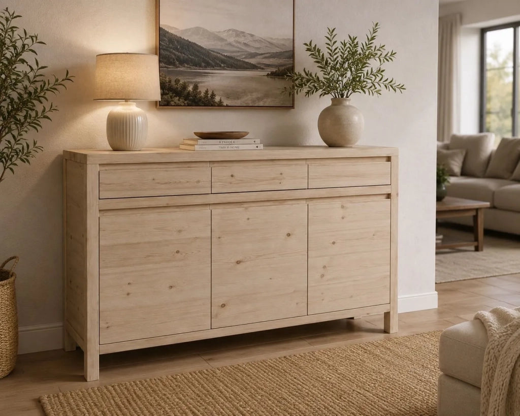 Credenza 3 porte 3 cassetti legno massello di abete grezzo 150x50x95 (3321) - Mobili 2G