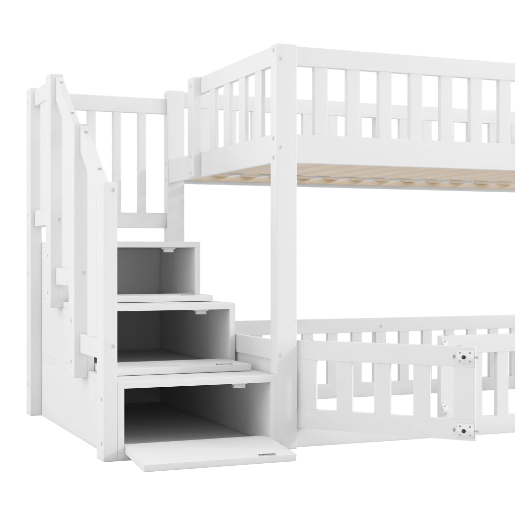 Letto a castello 90 × 200 cm con scala laterale e vano portaoggetti, senza materasso, in legno, bianco