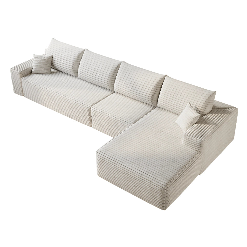 Divano modulare angolare 340x175x83 cm con chaise longue; tessuto a coste bianco