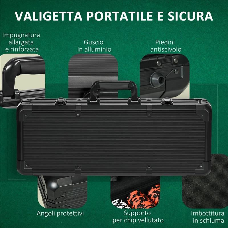 SET POKER CON 500 FICHES, 2 MAZZI DI CARTE, 5 DADI, PULSANTI E VALIGETTA PROTETTIVA IN ALLUMINIO NERO