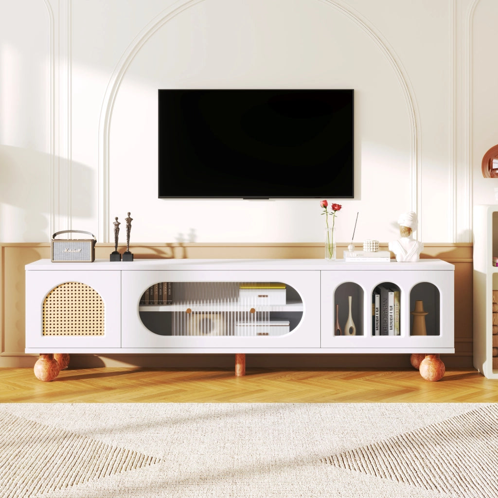 Mobile TV con 3 Vani Aperti; Ante Effetto Rattan e Vetro; Anta Scorrevole in Vetro; Bianco; 170¡Á47¡Á37 cm
