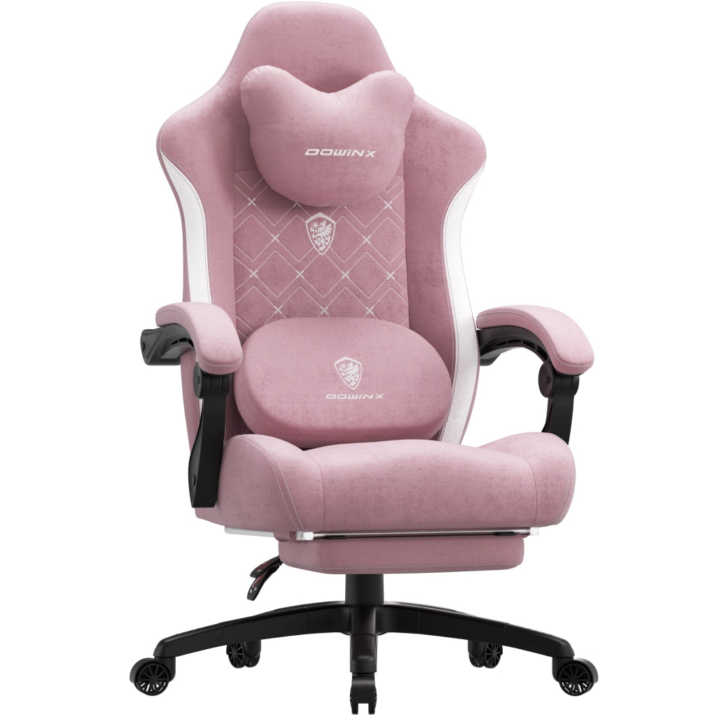 Sedia da Gaming | Funzioni di riscaldamento e massaggio, supporto lombare, poggiapiedi, materiale in tessuto, Bianco rosato