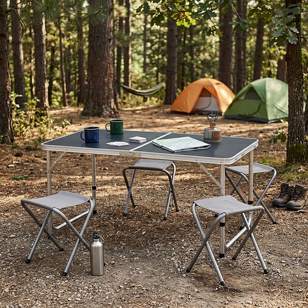 Set Tavolo Pieghevole da Campeggio con 4 Sgabelli, Altezza Regolabile 54-71 cm, Tavolo Richiudibile a Valigia 120x60 cm, Struttura in Alluminio, Portatile per Camping, Picnic e Giardino