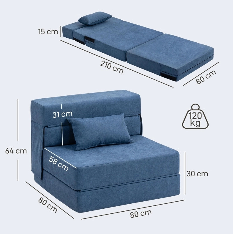 Poltrona letto pieghevole 3 in 1 blu scuro con cuscino