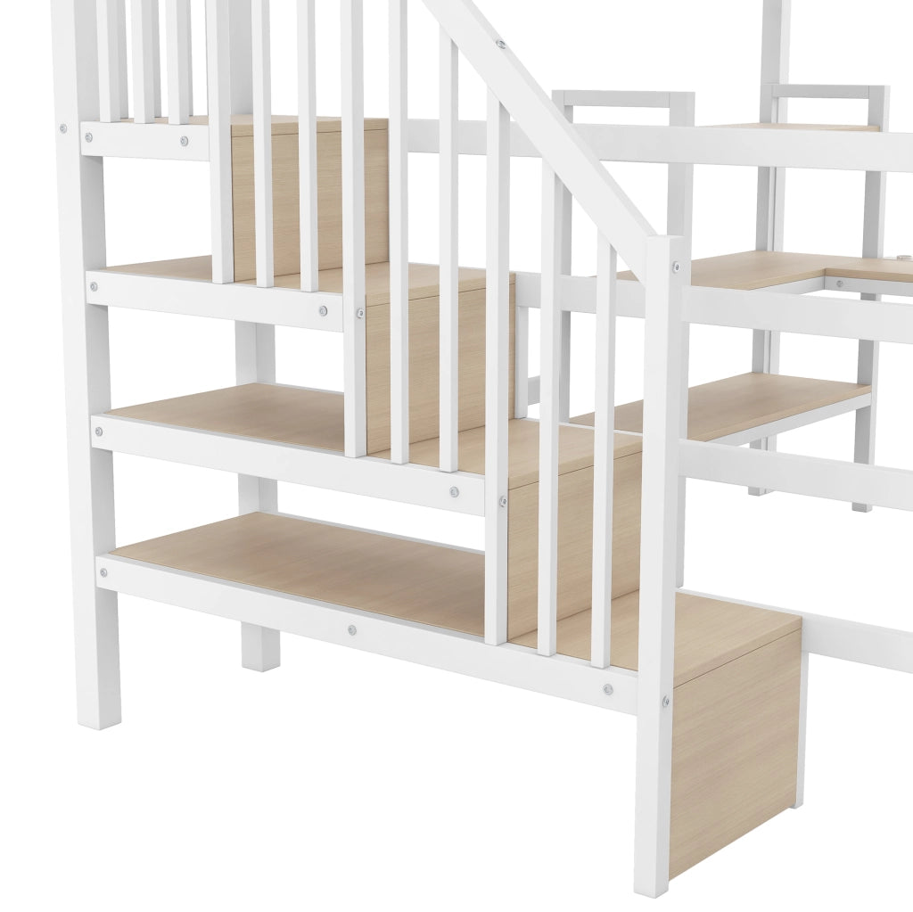 Letto a soppalco 140x200 cm con scrivania, scala contenitore e LED in metallo e MDF bianco