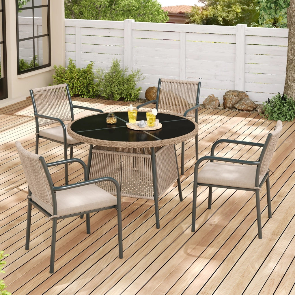 Set da giardino da pranzo 5 pezzi per 4 persone con tavolo in vetro temperato e cuscini; grigio e naturale