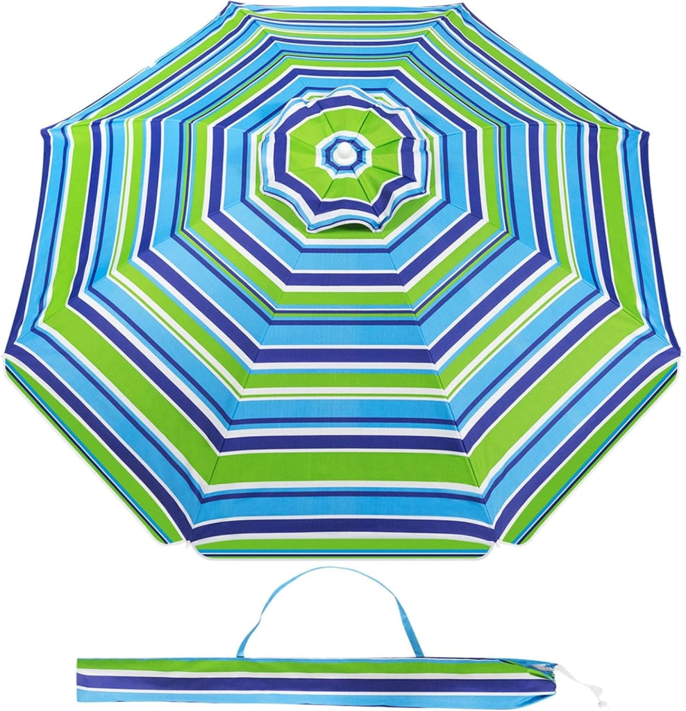 Ombrellone da Spiaggia 198 cm, Ombrello Parasole da Esterno con Palo Inclinabile in Alluminio, Ombrellone Portatile con Borsa di Trasporto, Anti UV 50+, 8 Stecche (Blu e Verde)