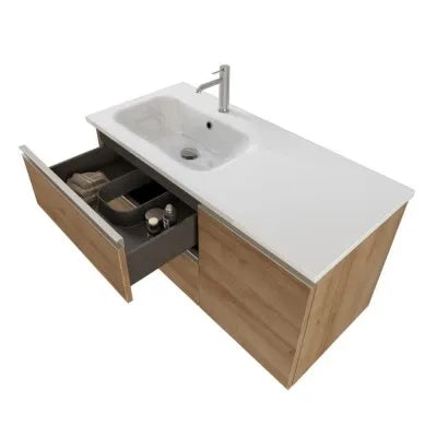 Mobile bagno sospeso 100 cm rovere miele con cassetti e anta completo di lavabo a sinistra e specchio Master