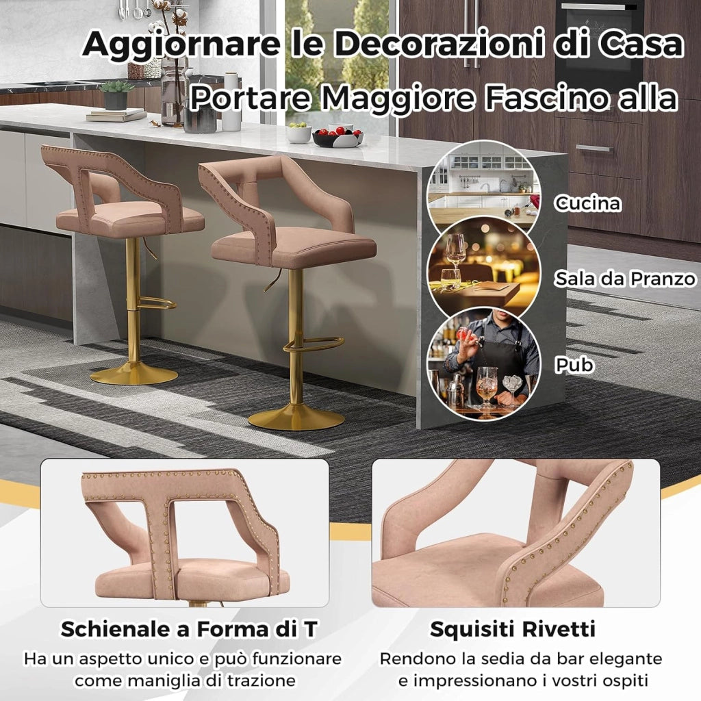 Set 2 Sgabelli da Bar in Velluto, Sedie Girevole e Regolabile con Poggiapiedi, Schienali in Forma a T, Braccioli, Base in Metallo Elettroplaccata per Cucina ad Isola e Sala da Pranzo (Rosa)