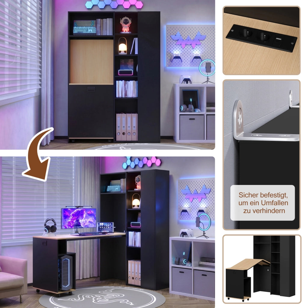 Scrivania pieghevole 2 in 1 con libreria, presa EU e USB, anti ribaltamento per home office 104,5 × 30,5 × 160 cm