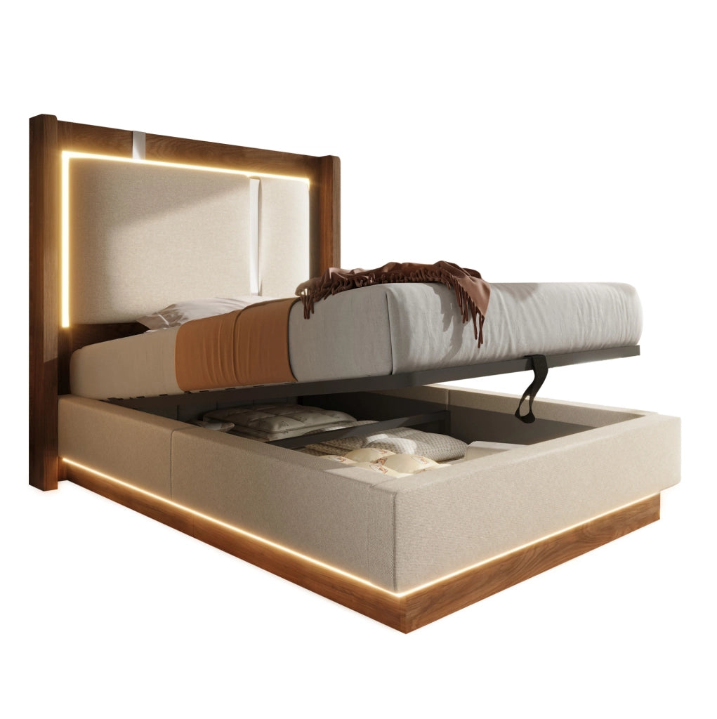Letto imbottito 90x200 con LED, contenitore e rete a doghe