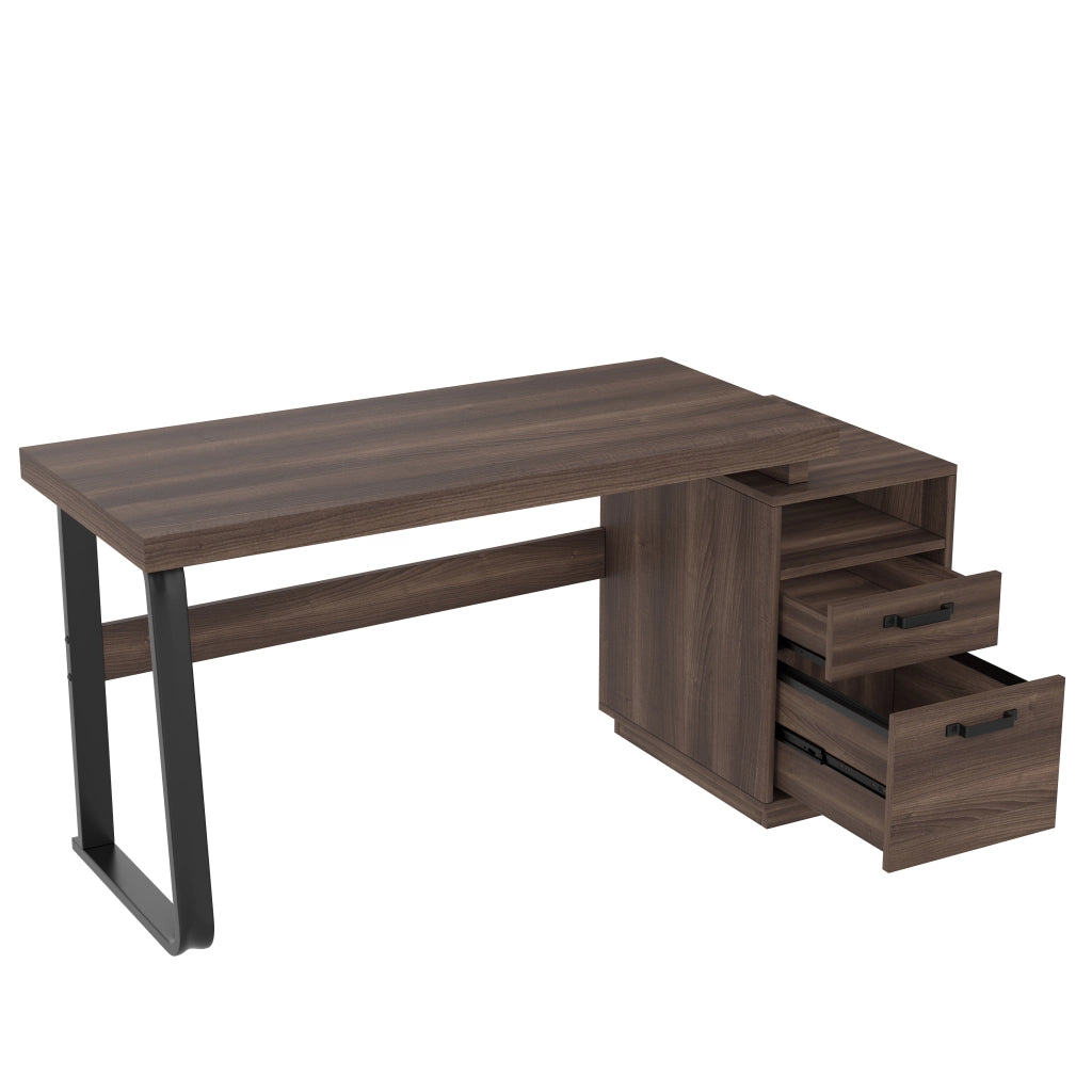 Scrivania moderna 135 x 54 cm con piano in MDF e struttura in metallo, finitura marrone, con vano aperto e cassetto silenzioso