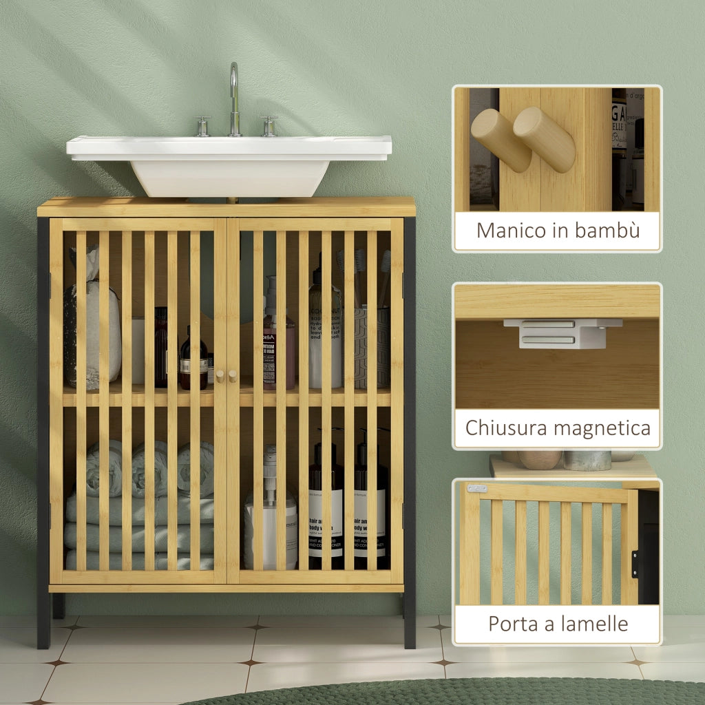Mobile Sottolavabo Bagno con 2 Ante a Doghe in Legno di Bamb¨´ e MDF con Intaglio a U, 60x30x70cm