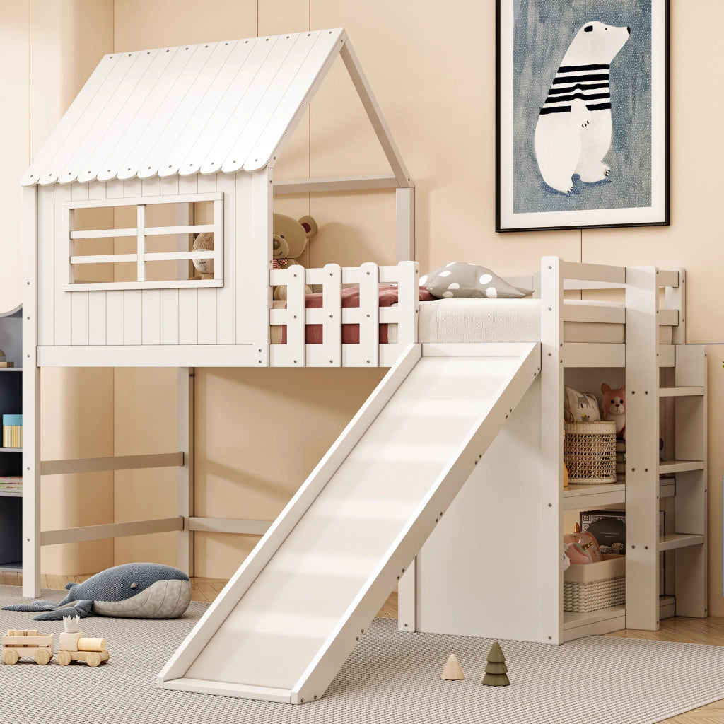 Letto a soppalco 90 × 200 cm con scivolo scala e ripiani in legno e MDF bianco con rete a doghe inclusa