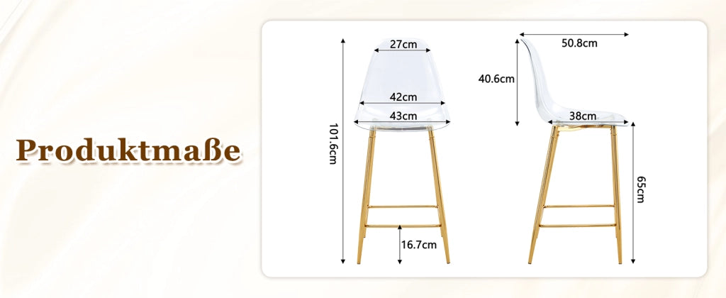 Sgabello da bar trasparente con poggiapiedi e struttura in metallo oro per cucina 68.5 × 48.0 × 47.0 cm