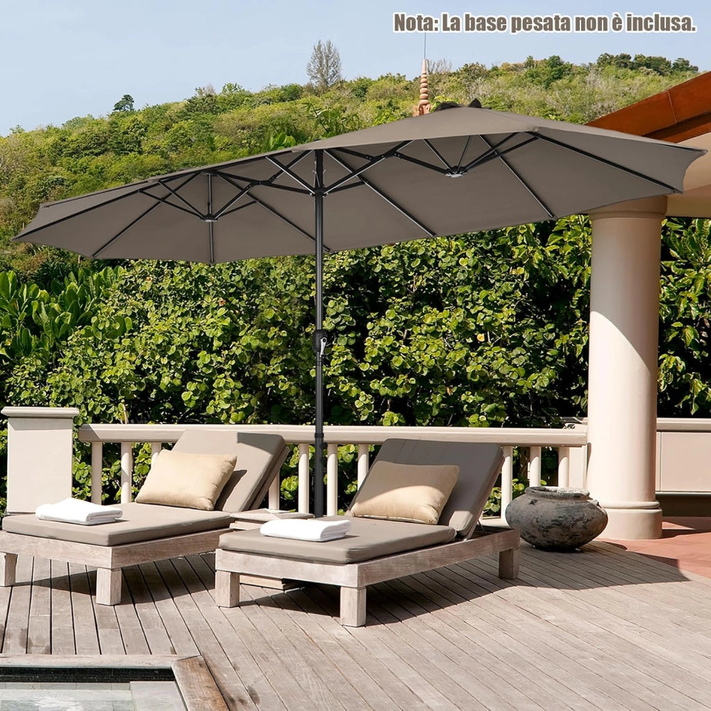 Ombrellone da Giardino Doppio 470 cm, con Manovella e 12 Stecche, Ombrellone Rettangolare Pieghevole, per Giardino Piscina Terrazza, 470 x 280 x 245 cm (Marrone)