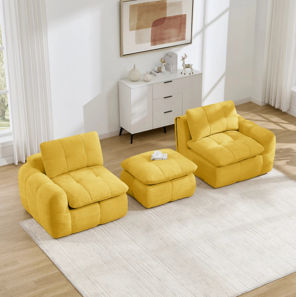 Divano modulare angolare 194x160x68 cm in chenille gialla con pouf; senza montaggio