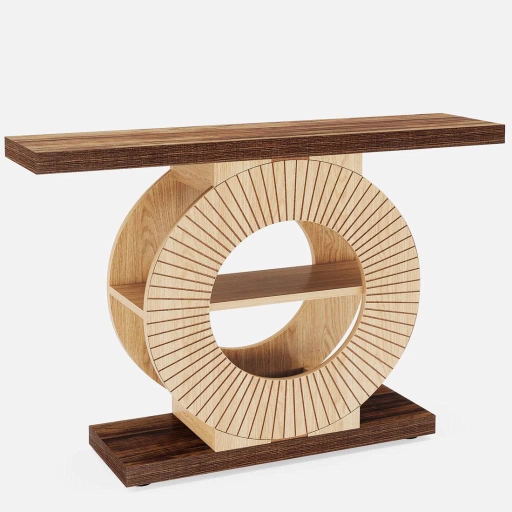 Consolle in legno stile country con base rotonda e ripiani per ingresso soggiorno marrone 113 × 41,5 × 21 cm
