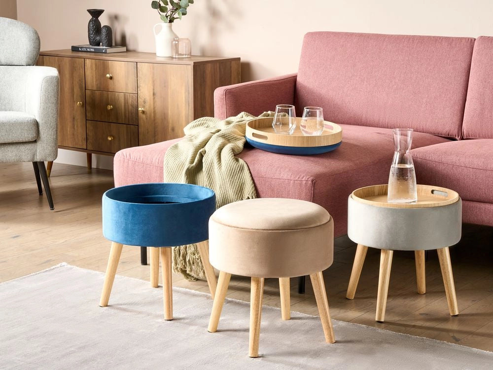 Pouf in velluto imbottito beige con vassoio contenitore stile glamour elegante soggiorno camera da letto