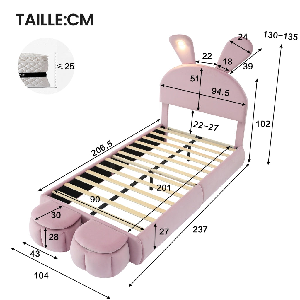 Letto Singolo 90x200 cm - LED Regolabile; 2 Pouf Contenitore e Testiera Regolabile - Rosa