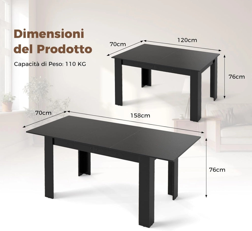 Tavolo Allungabile da Pranzo per 4-6 Persone, Tavolo Consolle Estensibile, Tavolo Moderno da Cucina, Soggiorno e Sala da Pranzo, 158 x 70 x 76 cm, Nero (Nero)