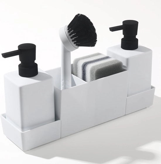 Dispensatore di sapone per la cucina con supporto per spugna per lavandino - Dispensatore di sapone e detersivo per i piatti con spazzola