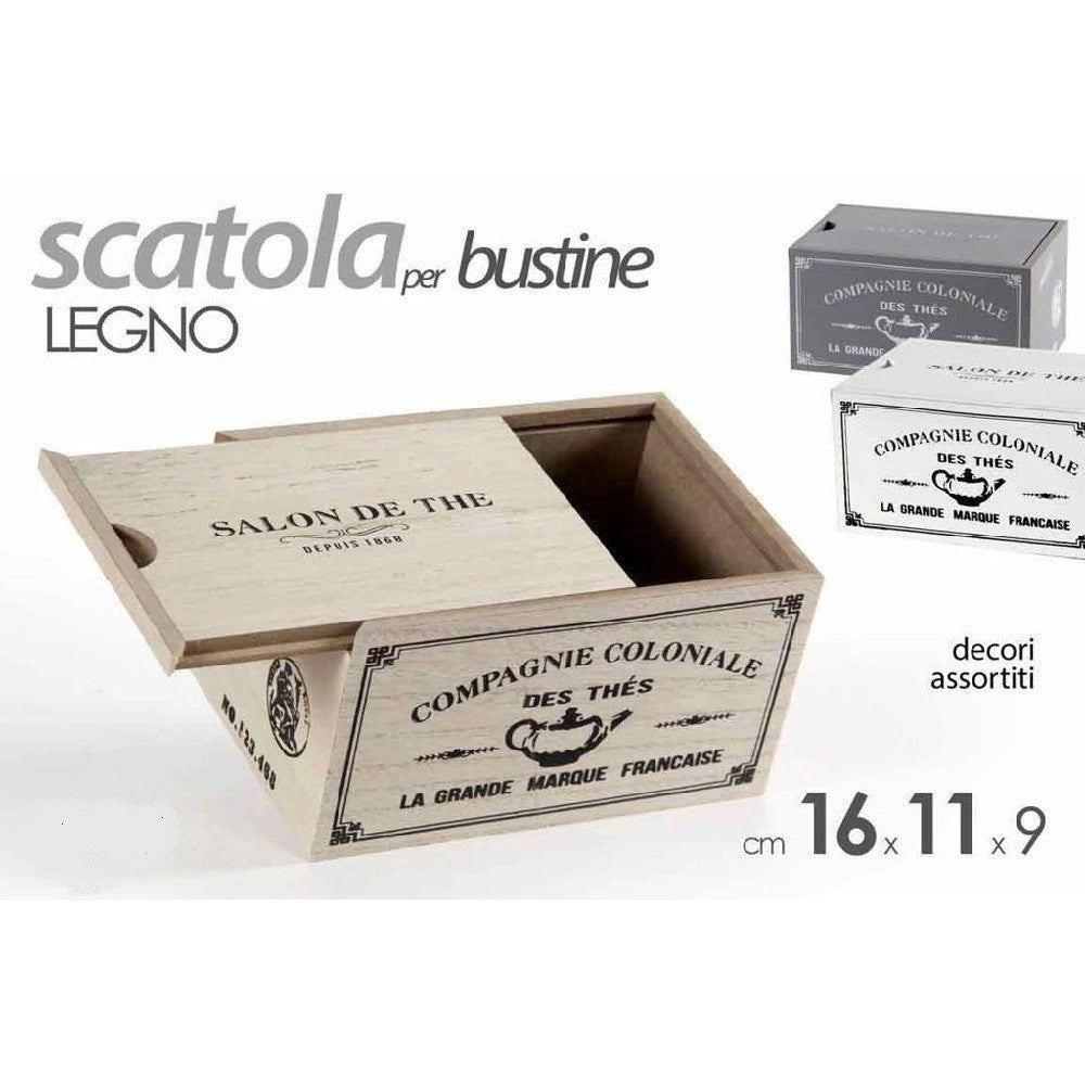 Trade Shop - Scatola Porta Oggetti Bustine The Tè Cialde Caffè 16x11x9 Cm Legno Decori 738661 -
