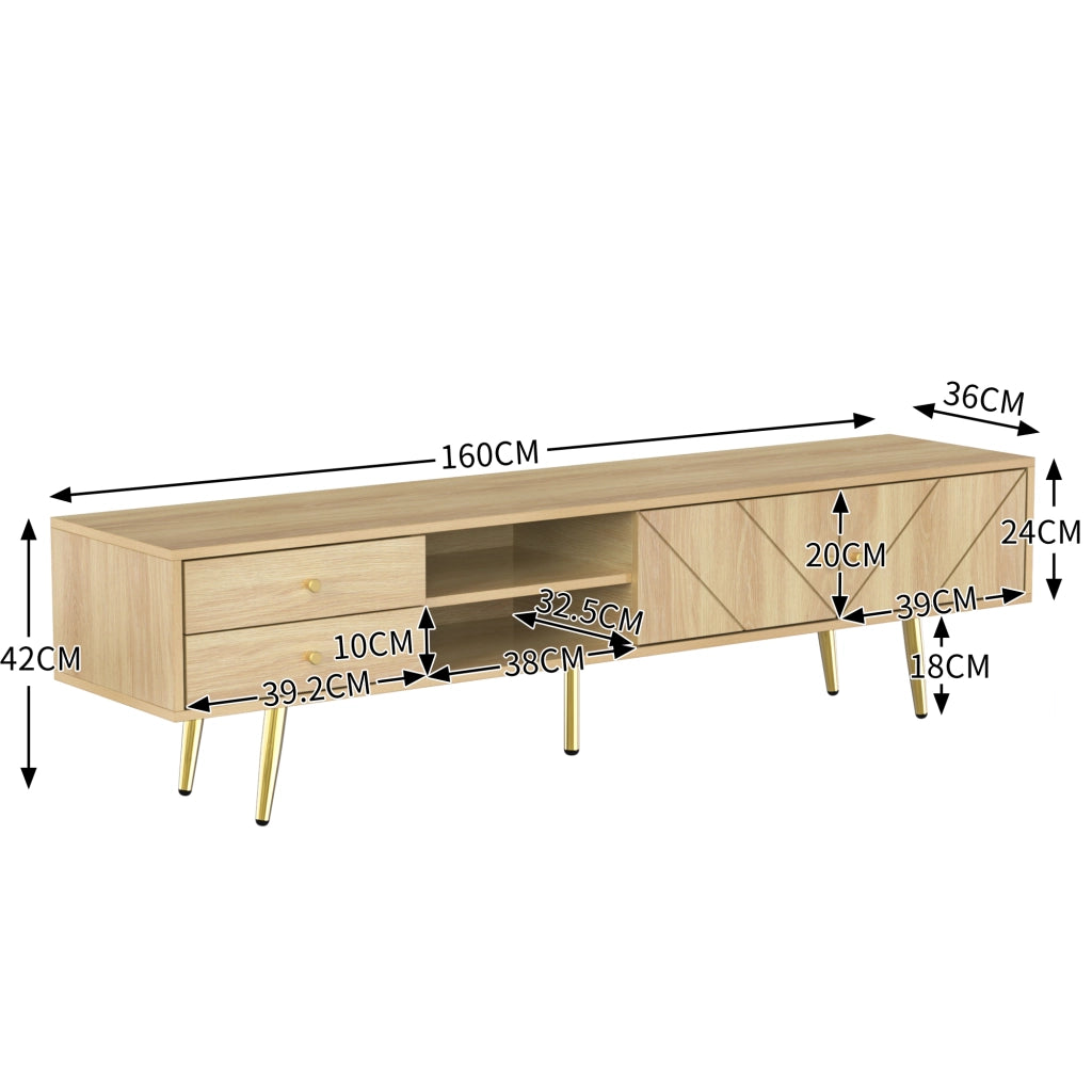 Mobile TV con 2 Ante; 2 Cassetti e 2 Vani Aperti; Piedi in Metallo Dorato; per Soggiorno; MDF; 160×36×42 cm