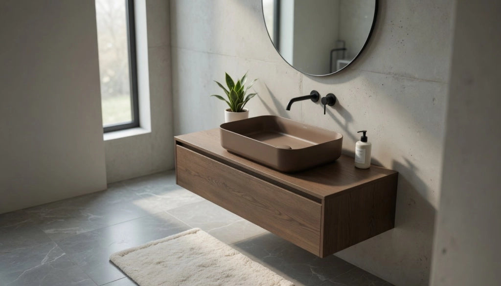 Lavabo rettangolare da appoggio senza troppo pieno in ceramica senza foro rubinetto - Tortora Opaco