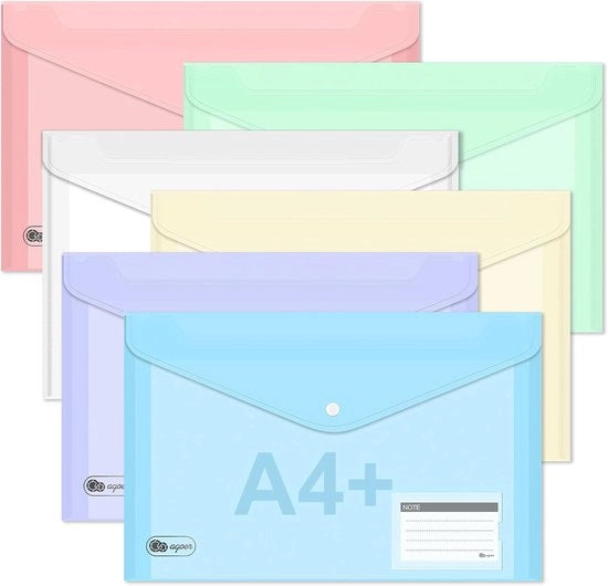 Documentenmap A4 per appunti - 6 colori - Formato A4 - Drukknoop - Copertine trasparenti in plastica - Documenti colorati per scuola, casa, ufficio, lavoro - 12 pezzi