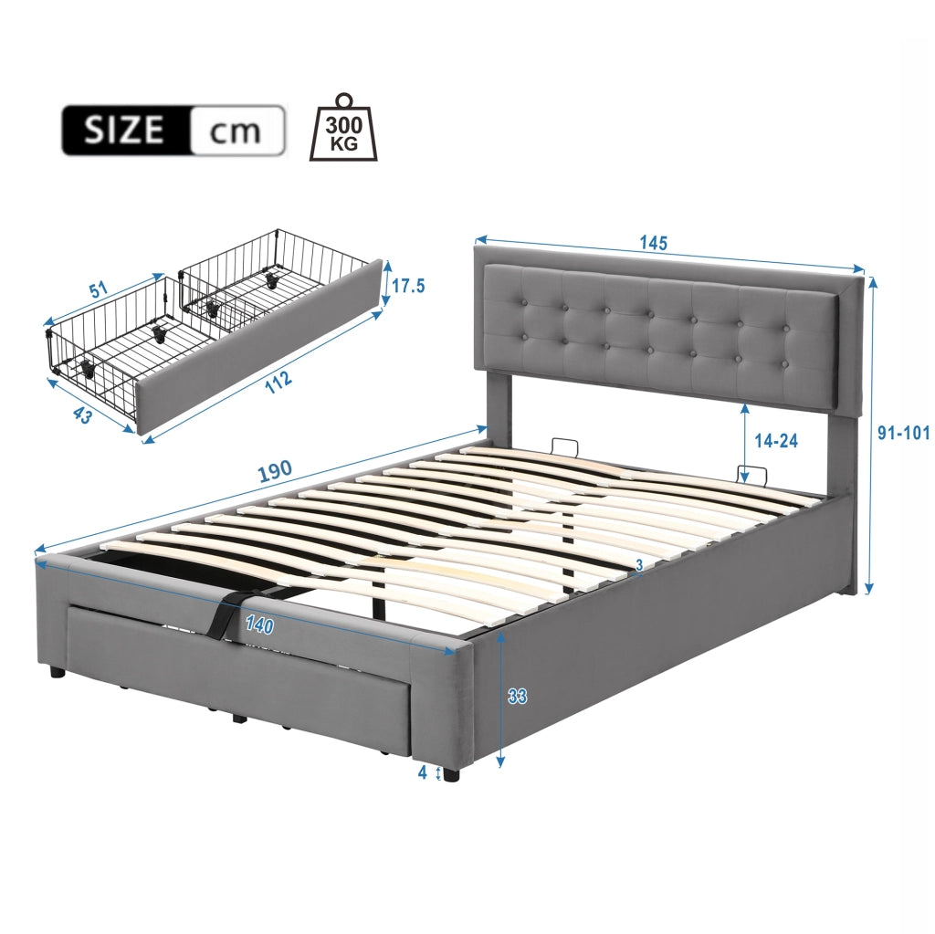 Letto imbottito 140x190 cm in velluto grigio con testiera regolabile e contenitore