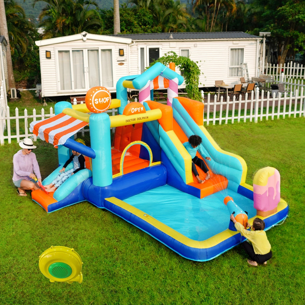 Castello gonfiabile con doppio scivolo area giochi d'acqua trampolino in tessuto oxford blu per bambini con motore 450 W