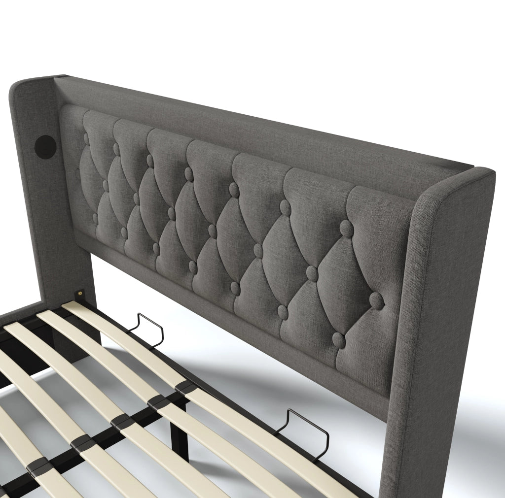 Letto contenitore ULEVR 140x200 cm con LED, USB e Type-C, testiera imbottita in cotone grigio